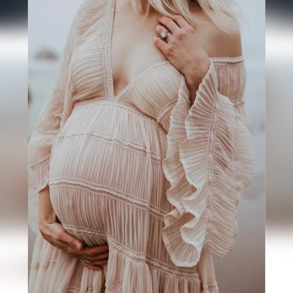 Chic Ruffled Pink Maternity Photoshoot Maxi Dress - Picture 2 of 3